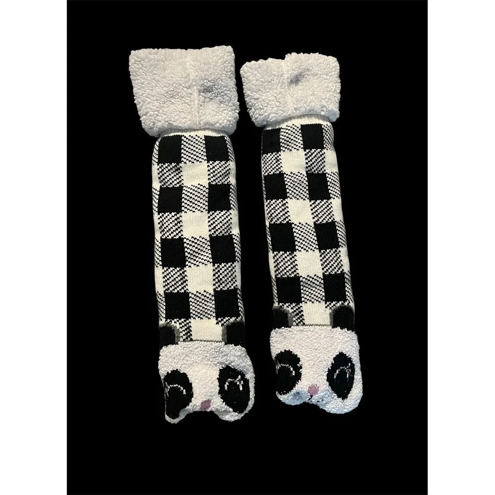 Panda Bear Buffalo Plaid Sherpa Lined Non-Slip Slipper Socks Black White